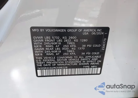 2024 Volkswagen Atlas 2.0T Se from USA, damaged, VIN 1V2DR2CA2RC596228